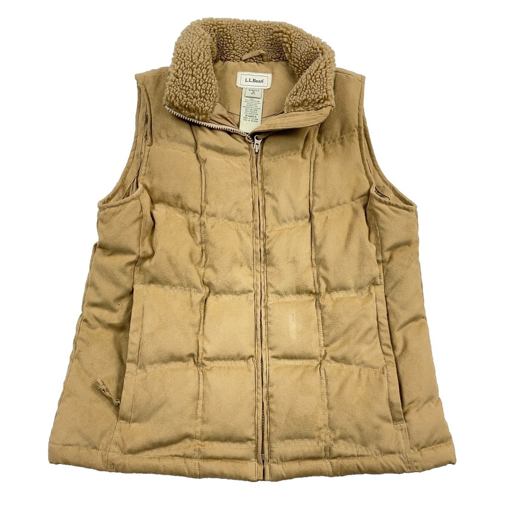LL‎ Bean Puffer Vest Women Medium Brown Suede Goose Down Fill Faux Fur Hiking